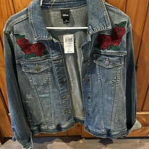 Denim jacket with embroidered roses and painting on back. Brand new with tags XL